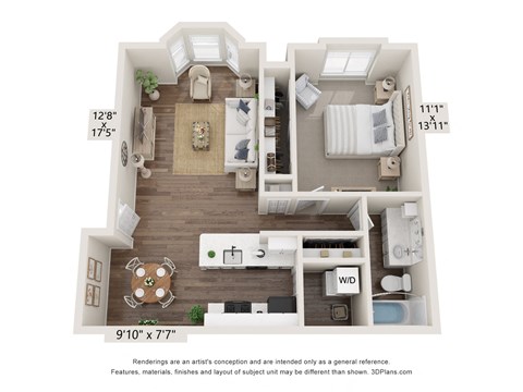 Floor plan for 1 bed, 1 bath, 750 sqft